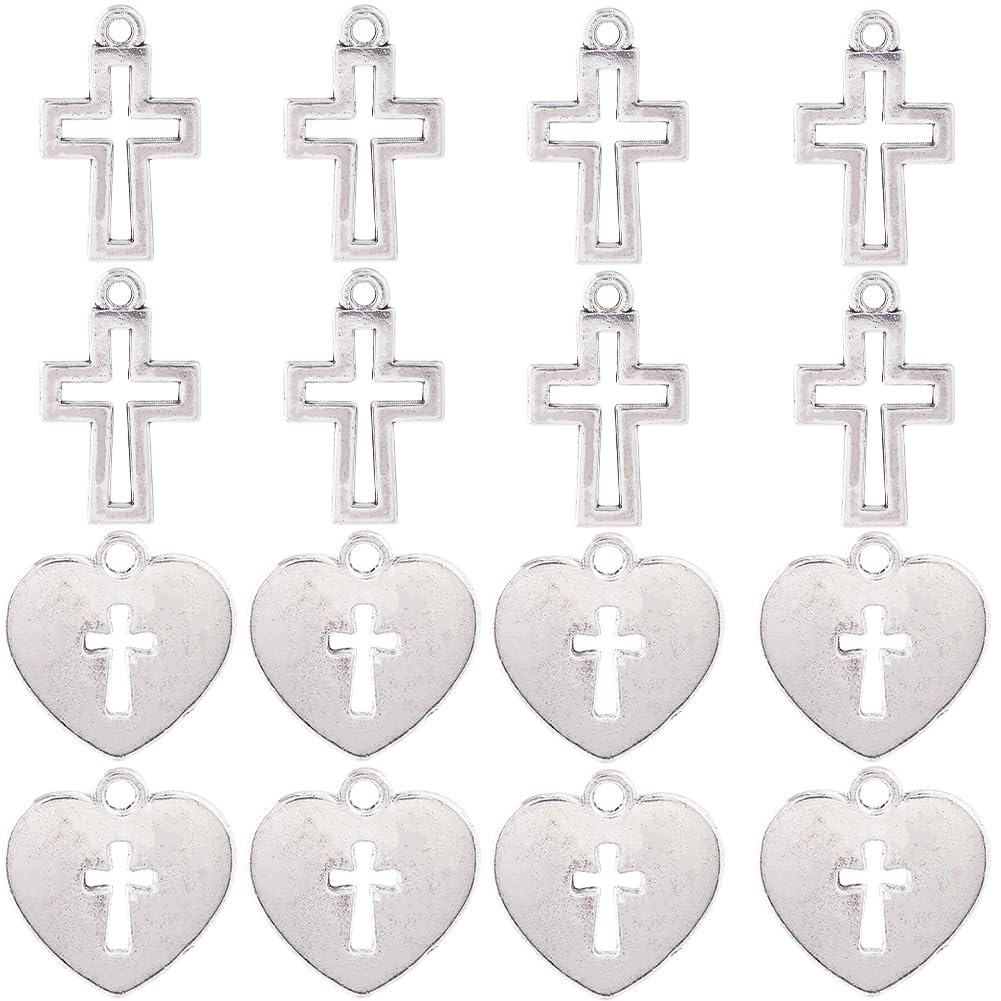 SUNNYCLUE 1 Box 100Pcs Heart Cross Charms Bulk Hollow Cross Charm Mini Metal Open Back Bezels Blank Frames Antique Silver Alloy Love Heart Bead for jewellery Making Party Supplies — image 1