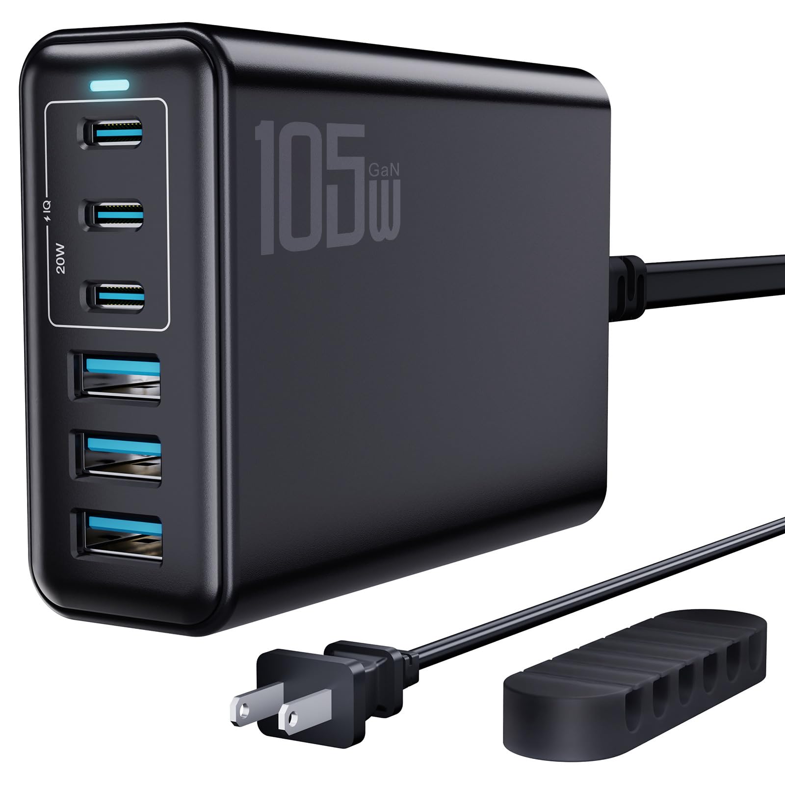 Photo 1 of 105W USB C Fast Charger, 6-Port Desktop GaN USB Charging Station Hub, USB C Charger Block Wall Charger for iPhone 17/16/15/14/13/12/11, iPad, Samsung and More (Cable Organizer Included)