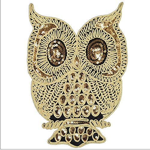 Assorted Size Iron On Embroidered Motif Applique Glitter Sequin Decoration Patches DIY Sew on Patch Perfect for Jeans Clothing(Golden Owl)