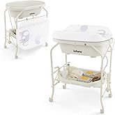 INFANS Baby Changing Table with Bathtub, Foldable Diaper Dresser Station with Removable Bath Wheels Waterproof Pad Storage Ra