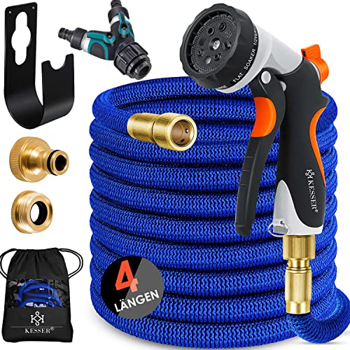 KESSER® flexibler Gartenschlauch 45 m, dehnbarer Flexischlauch, Wasserschlauch mit 3-fach Latexkern, 8 Modi Sprühpistole, Messing Anschlüsse + Wandhal