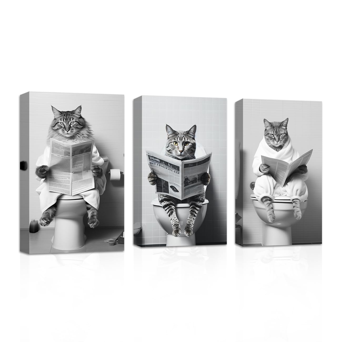CXHOSTENT 3 Piece Animal Cat Sitting on Toilet Reading Newspaper Canvas Prints - Black and White Bathroom Wall Decor Picture Framed (Bathroom-3, 28.00 x 35.00 cms x 3PCS)