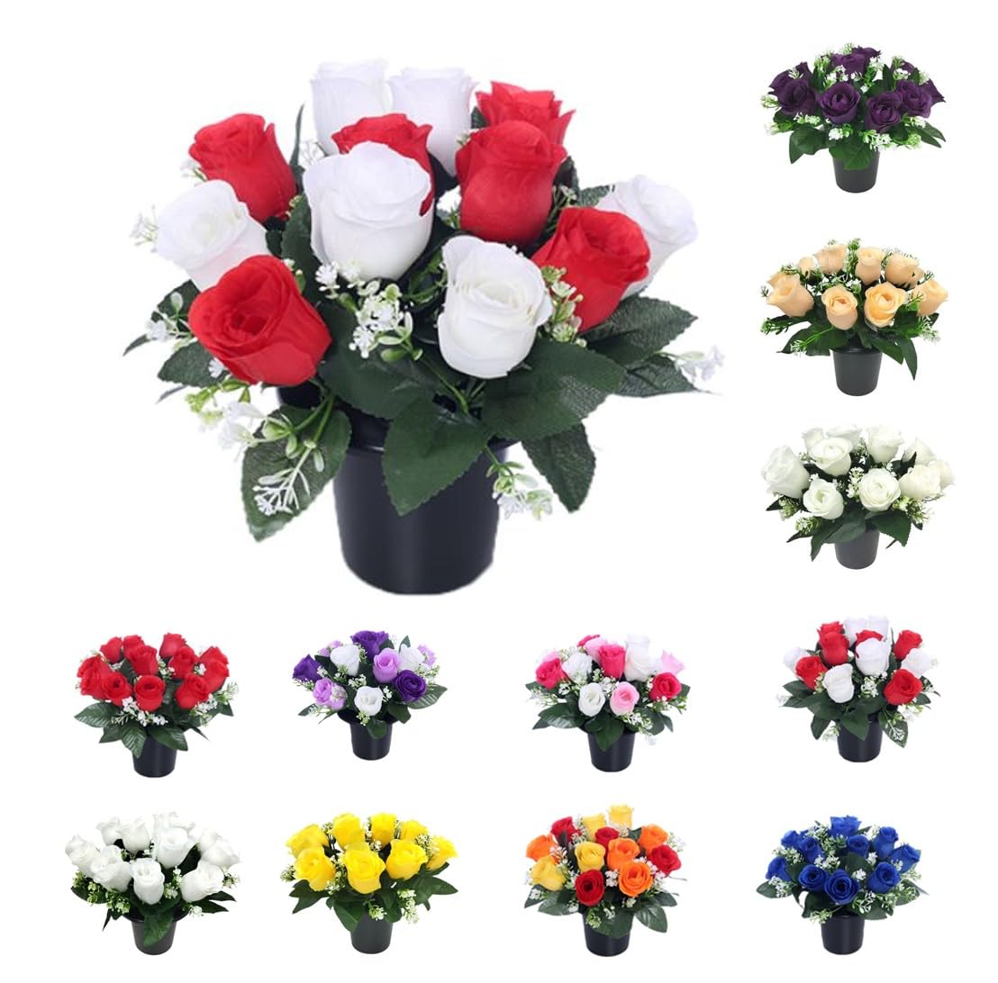 Mr. Barry's Artificial Grave Flower Pot with Foam Insert – UV-Resistant, Long-Lasting Memorial & Cemetery Flowers for Grave Displays, Home & Garden, Weatherproof Faux Floral Arrangement (Red & White)