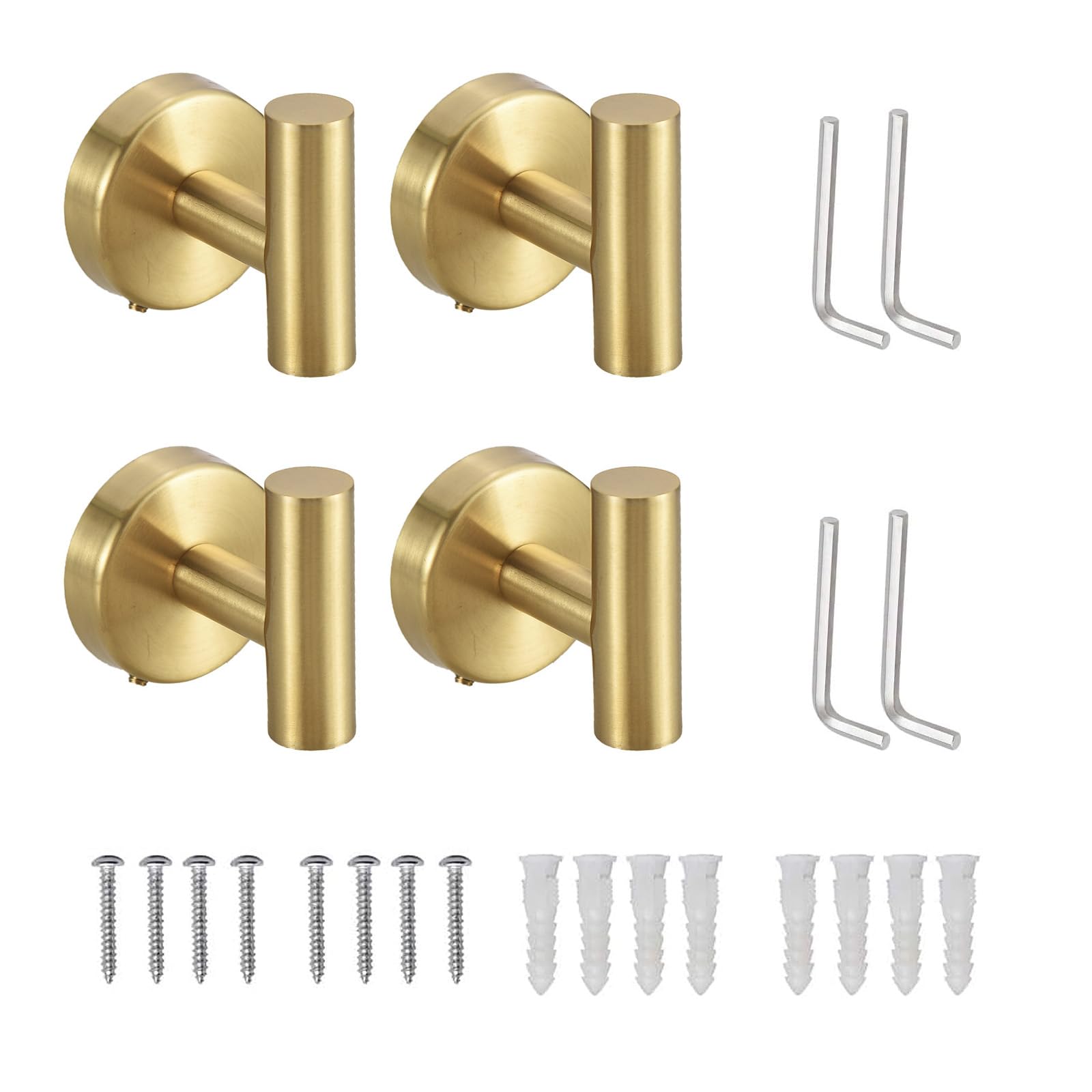 VZU Pack of 4 Towel Hooks, Stainless Steel Towel Hooks for Drilling, Bathroom and Kitchen Towel Rail, Strong Load Capacity, Rustproof, with 8 Screws and 4 Keys, for Home, Bathroom, Office Door Hanger