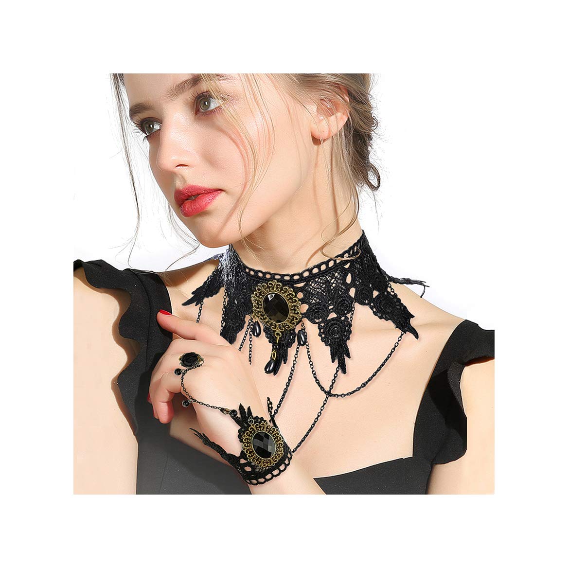 Gleamart Lolita Gothic Choker Set Victorian Vampire Punk Retro Pendant Necklace Bracelet Black