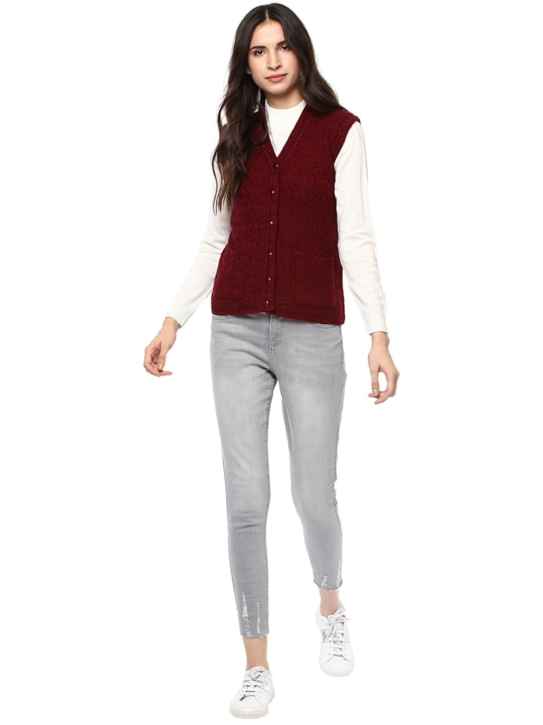 cayman women maroon self-design cardigan