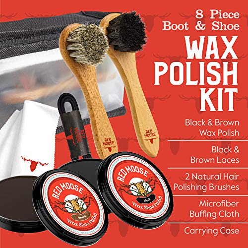 Full Leather Black and Brown Wax Shoe Polish Kit 2x Brush, Buffing