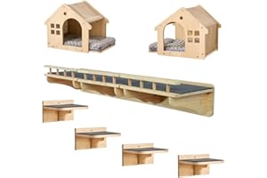 SHENGOCASE Wall Mounted Cat Furniture Set, Natural Wood, 47.2 inch Balcony Perch with Guardrail, 4 Steps, 2 Houses with Cushions