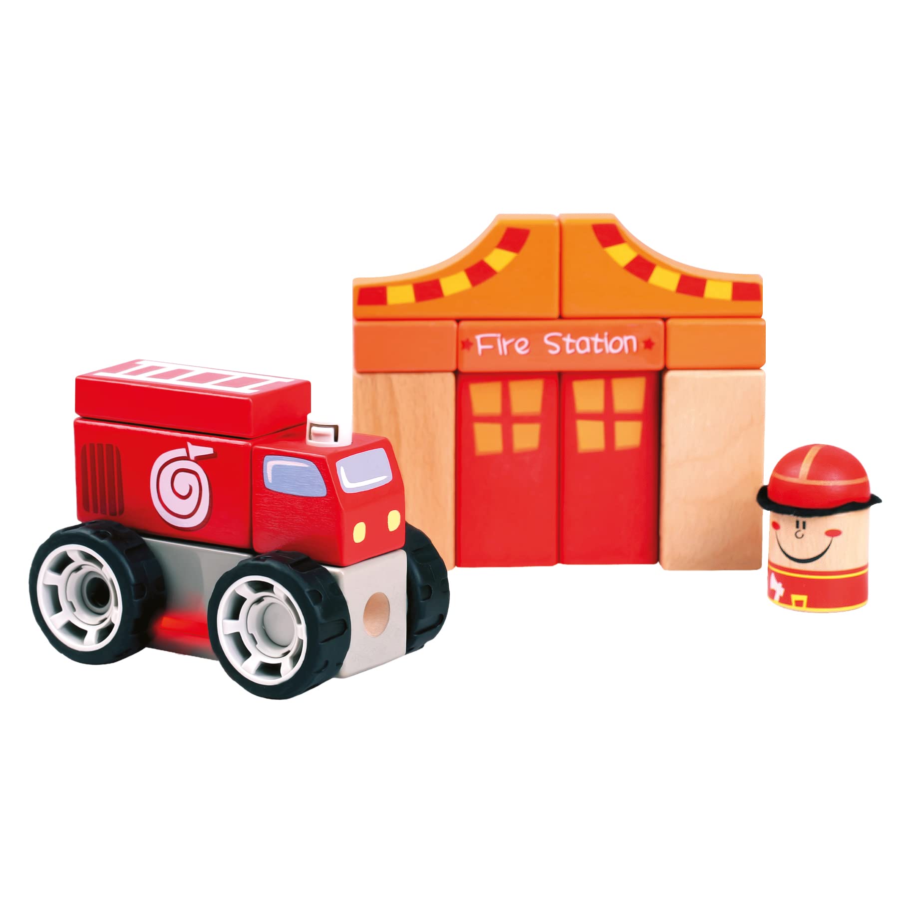 Bino 84094 Wooden Stacking Fireman Car With Toy Fire Station Wooden Blocks, Multi-Colour, For Children from 12 months, Size: 24x4,7x27 cm