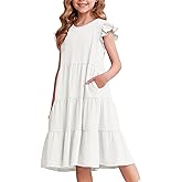 Arshiner Girl's Summer Dresses Ruffle Sleeve Tiered Swing Midi Casual Sundress with Pockets