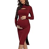 Long Sleeve Turtleneck Maternity Bodycon Dress, Split Chic Pregnancy Dress for Casual Wear, Baby Shower, Photoshoot