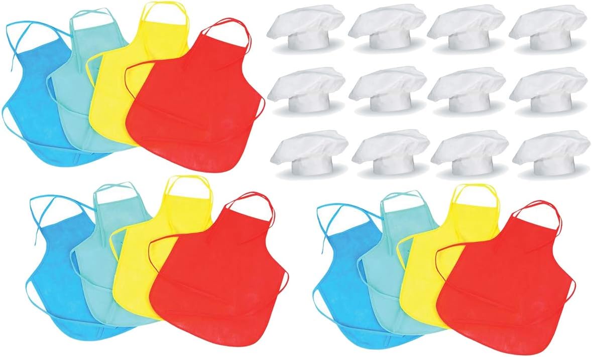 12 Sets of Kids Chef Hats & Aprons for Dress Up, Cooking Competitions, Baking or Pizza Parties