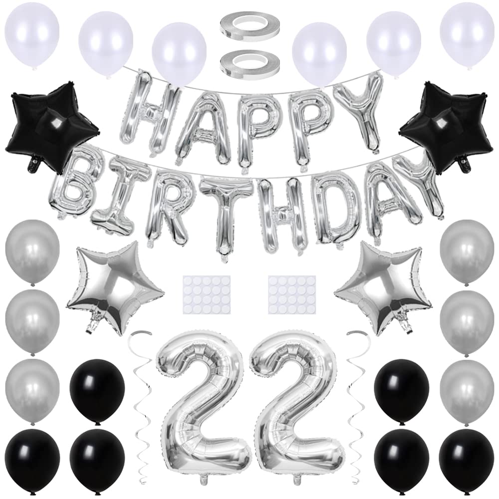 Maigendoo 22 Balloons Set - Happy Birthday Banner, Heart Star Foil Mylar & Latex Balloons, Swirl Decorations for 22nd Birthday Party, Silver Black