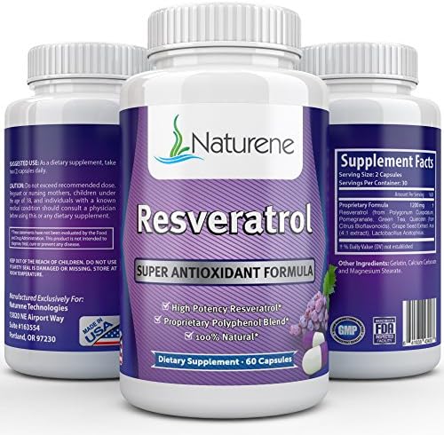 Naturene Resveratrol 1200mg, 60caps, 30 days - Super Antioxidant &amp; High Potency Trans-Resveratrol - with Pomegranate, Green Tea, Quercetin and Grape Seed Extract