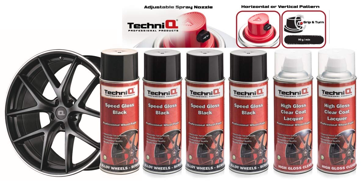 TechniQ Speed Black Gloss Alloy Wheel Paint Kit 400ml x 4 Cans + 2 x