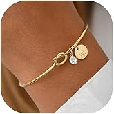 Valentine's Day Gift Initial Birthstone Gold Bracelets for Women Bridesmaid Proposal Gift Tie the Love Knot Cuff Bangle Bracelet 14K Gold Plated Adjustable Birthstone Bracelets Personalized Charm Birthday Gift