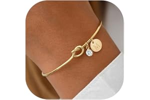 KOHOTA Initial Birthstone Gold Bracelets for Women Bridesmaid Proposal Gift Tie the Love Knot Cuff Bangle Bracelet 14K Gold Plated Adjustable Birthstone Bracelets Personalized A-Z Initial Charm Birthday Gift
