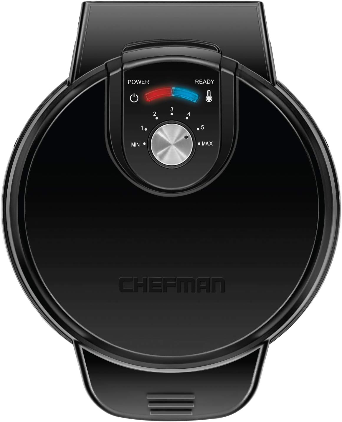 Chefman Anti-Overflow Belgian Waffle Maker w/ Shade Selector, Temperature Control, Mess Free Moat, Round Iron w/ Nonstick Plates & Cool Touch Handle, Measuring Cup Included, Black: Kitchen & Dining