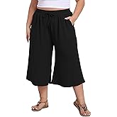 goodmansam Women's Plus Size Capri Culottes Pants High Waisted Wide Leg Palazzo Trousers with Pockets for Summer Casual Wear