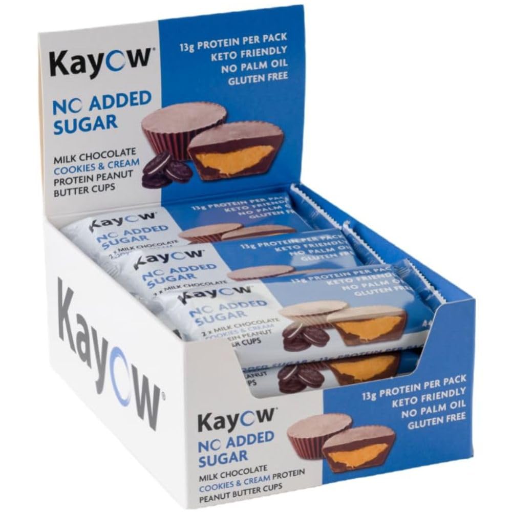 KAYOW No Added Sugar Milk Chocolate Cookies & Cream Peanut Butter Cups 12 x Packs of 2 x 22g High Protein Cups | 13g Protein Per Pack | No Added Sugar | Gluten Free | Low Carb Keto Snacks |