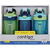 Contigo Kids Water Bottle, 14 oz with Autospout Technology – Spill Proof, Easy-Clean Lid Design – Ages 3 Plus, Top Rack Dishwasher Safe, 3-Pack, Green / Blue, blue green