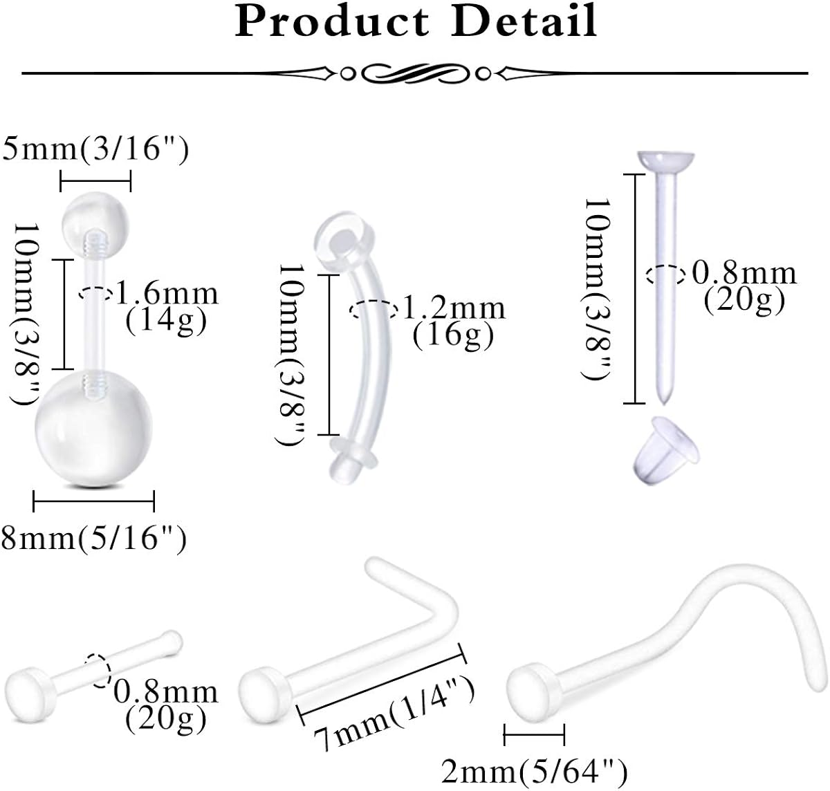 AceFun 66PCS Clear Piercing Retainer Septum Retainers Nose Studs Flexible Lip Ear Nose Hoop Tongue Rings Nipple Ring Earrings Plastic Industrial Piercing Jewelry Retainer - Image 4