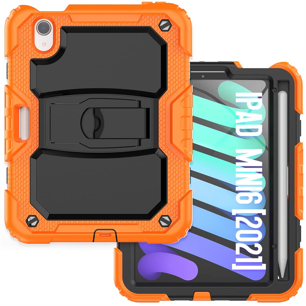 Case Suitable for iPad Mini 6th Generation 8.3 Inch 2021 with Invisible Folding Stand, Heavy Duty Rugged Shockproof Protective Case with Pencil Holder, Orange