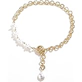 Donabus Statement Pearl and Chain Necklace,Mixed Chain and Trendy Organic Pearl Choker,Chunky Necklaces for Women