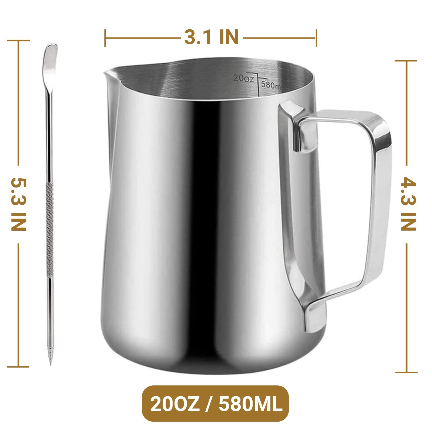 Milk Frothing Pitcher, 350ml/600ml (12oz/20oz) Milk Frother Cup Stainless Steel Jug Steaming Pitcher, Milk Coffee Cappuccino Latte Art Barista Steam Pitchers Milk Jug Cup with Decorating Pen