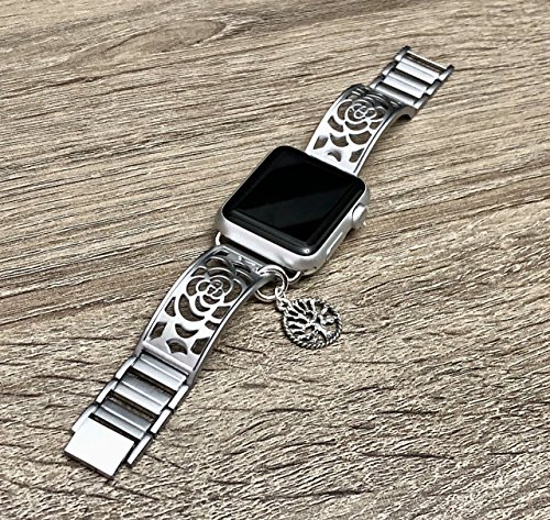 Silver Brushed Aluminum Metal Bracelet For Apple Watch 38mm All Series Handmade Flowers Design Jewelry Band for Apple Watch Vintage Tree Of Life Charm Adjustable Size Fashion Accessory Wristband - Thumbnail 3