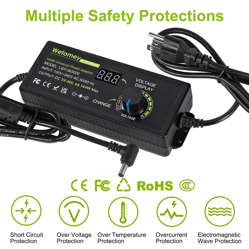 3V~36V 4A 144W Universal Power Supply 3V 5V 6V 9V 12V 15V 18V 20V 24V 30V 36V Adjustable Variable Switching AC/DC Adapter, 100V-240V AC to DC Converter with 14 Tips & Polarity Converter & Test Lead