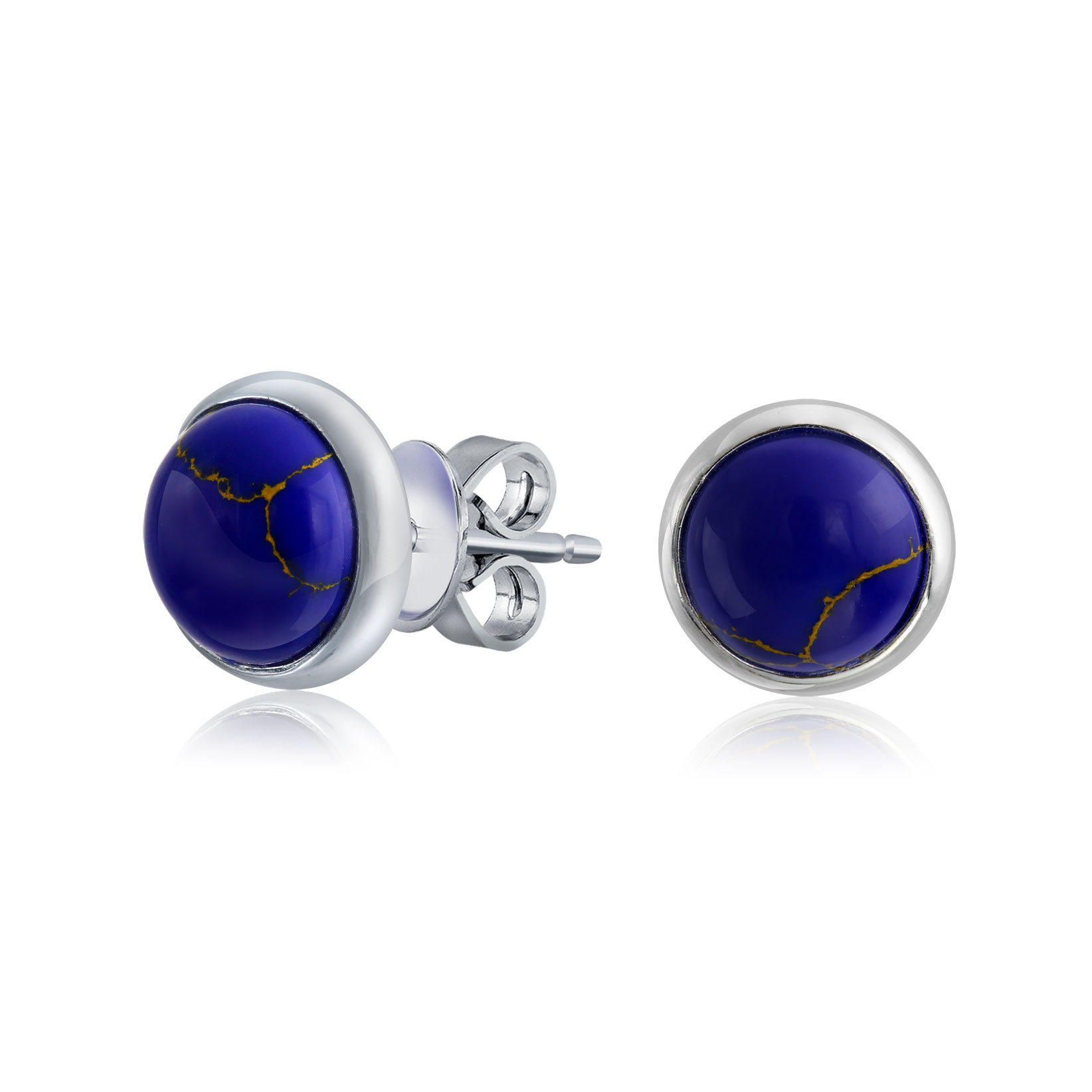 Simple Blue Synthetic Blue Lapis Lazuli Bezel Set Round Dome Button Stud Earrings For Women .925 Sterling Silver — image 1