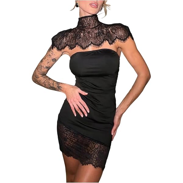 Amazon.com: Women Summer Strapless Lace Mini Dress Off Shoulder Sleeveless  Sexy Splice Evening Elegant Outfits Dress Black S : Clothing, Shoes &  Jewelry