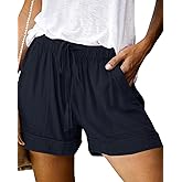 NILOINE Ladies Drawstring Casual Shorts Summer Elastic Waist Cotton Shorts Loose Fit Short Pants with Pocket(1-Navy Blue,X-Large)