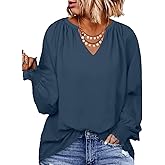 Eytino Womens Plus Size Tops Sexy V Neck Smocked Long Sleeve Casual Chiffon Blouse Flowy Work Shirts(1X-5X)