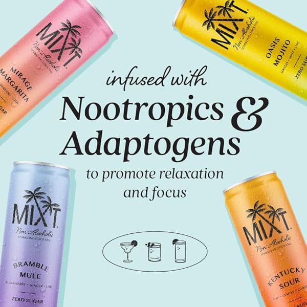 MIXT PREMIUM SPARKLING NON-ALCOHOLIC SPARKLING COCKTAIL – KENTUCKY SOUR – ZERO SUGAR, READY TO DRINK, ADAPTOGENS, NOOTROPICS, 2G OF CARBS OR LESS, LOW CALORIE, 12OZ CANS (PACK OF 4)