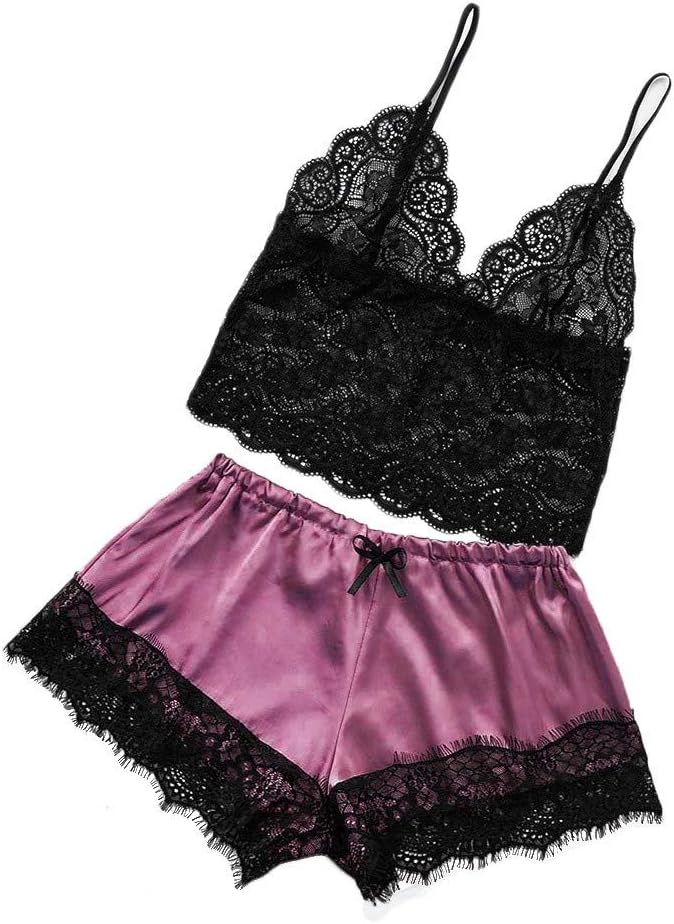 Goosun Sleepwear Set Women's Lace Satin Tank Top and Shorts Pajamas Set Party Camisole Pjs Silk Sleepwear Satin Cami Shorts Sexy Nighty Pajama Sets Lace Lingerie