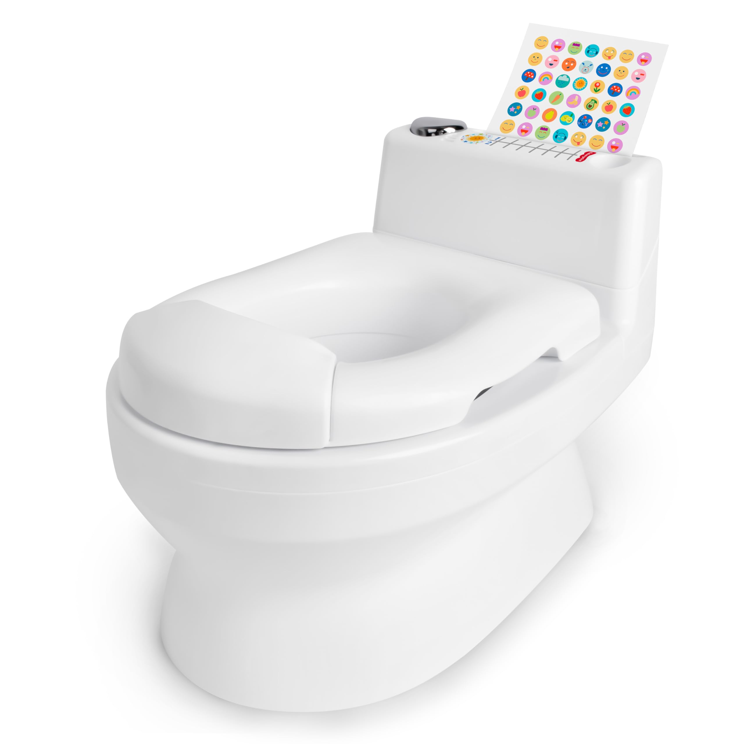 Photo 1 of Fisher-Price™ 2-N-1 Potty Trainer with Flushing Sounds, Chart & Storage – White Floor Potty Chair with Splash Guard, Removable Ring & Bowl, Patented Snap Safe Ring Technology