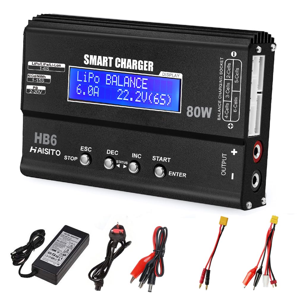 Haisito Lipo Charger 80W 6A Balancer for LiPo/Li-Ion/LiFe (1-6S) and NiMH/NiCd (1-15S), RC Charger with LED Screen, Power Supply and XT60 / Deans/JST/Futaba Adapter