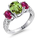 Gem Stone King 2.35 Cttw Green Peridot and Red Created Ruby 3-Stone Ring For Women | 925 Silver | Gemstone Birthstone | Oval 9X7MM and 6X4MM | Wedding Engagement Anniversary Promise Ring