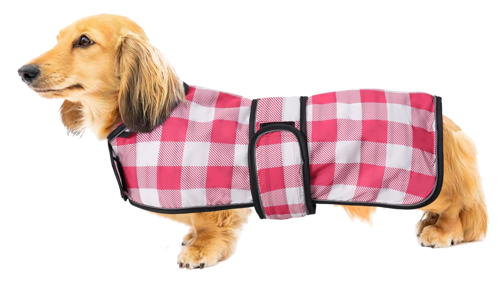 Dog Jacket Adjustable Lightweight Dachshund Raincoat with Reflective Straps and Harness Hole Best Gift for Dachshund -Pink Grid -L
