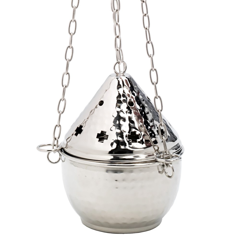 NKlaus censer hanging vessel with chain 80cm incense burner nickel plated hammered 7615