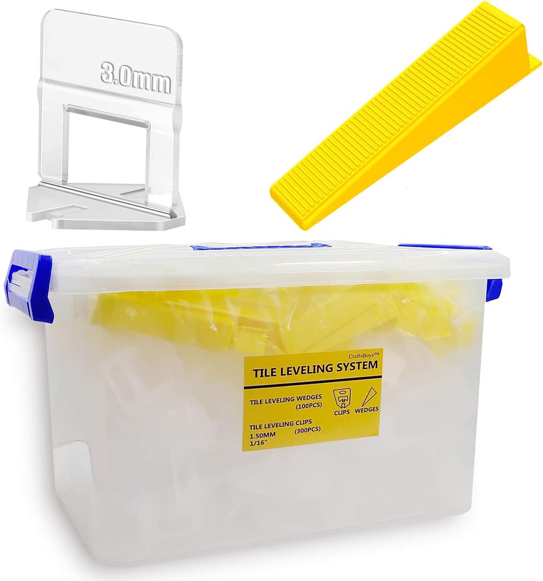 Tile Leveling System, 300Pcs 1/16" SPACERS/Clips + 100 Reusable Wedges with Handy Storage Box (1/16 inch (1.5MM) 300CLIP+100WEDGE) Pliers Not Include