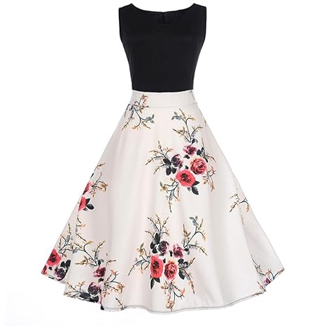 Kleid DELLIN Frauen Vintage Floral Bodycon Print Sleeveless beiläufiges Abend-Partei-Kleid (S, Weiß)
