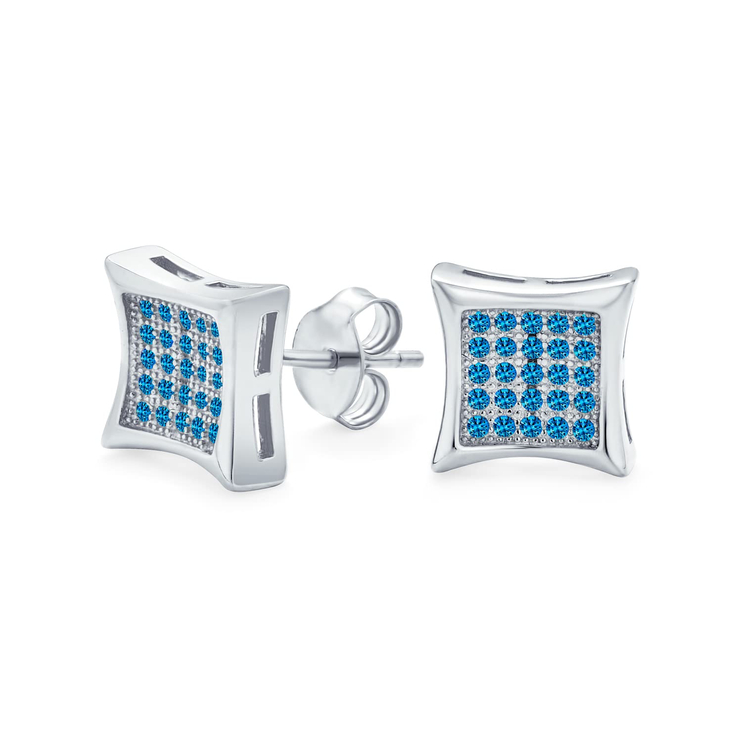 Mens Women Square Shaped Cubic Zirconia Micro Pave Blue Simulated Sapphire Kite Stud Earrings .925 Sterling Silver 12MM