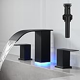 RUMOSE LED Bathroom Faucets Set Matte Black 8 inch Bathroom Sink Faucet 3 Hole with Pop Up Drain Widespread Lavatory Waterfall Vanity Faucet with 3 Colors Light Changing Stainless Steel Deck Mounted