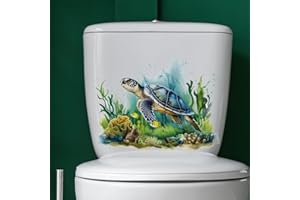 PALEERY@FC Sea World Turtle Water Grass Toilet Cover Sticker Decals,Coral Shell Flower Leaf Waterproof Toilet Lid Tank Seat Decals Cistern Self-Adhesive Bathroom Wall Sticker