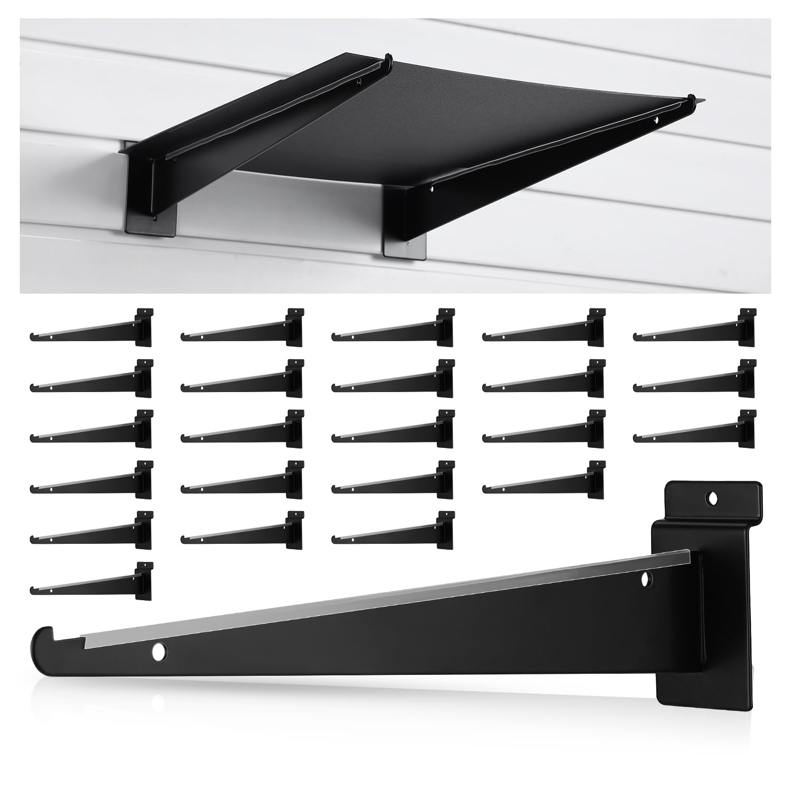 Photo 1 of Therwen 24 Pcs 10" Chrome Slatwall Knife Shelf Bracket with Lip Metal Brackets Hooks Slatwall Hanger Heavy Duty Shelf Accessories Home Boutique Retailer Display (Black)