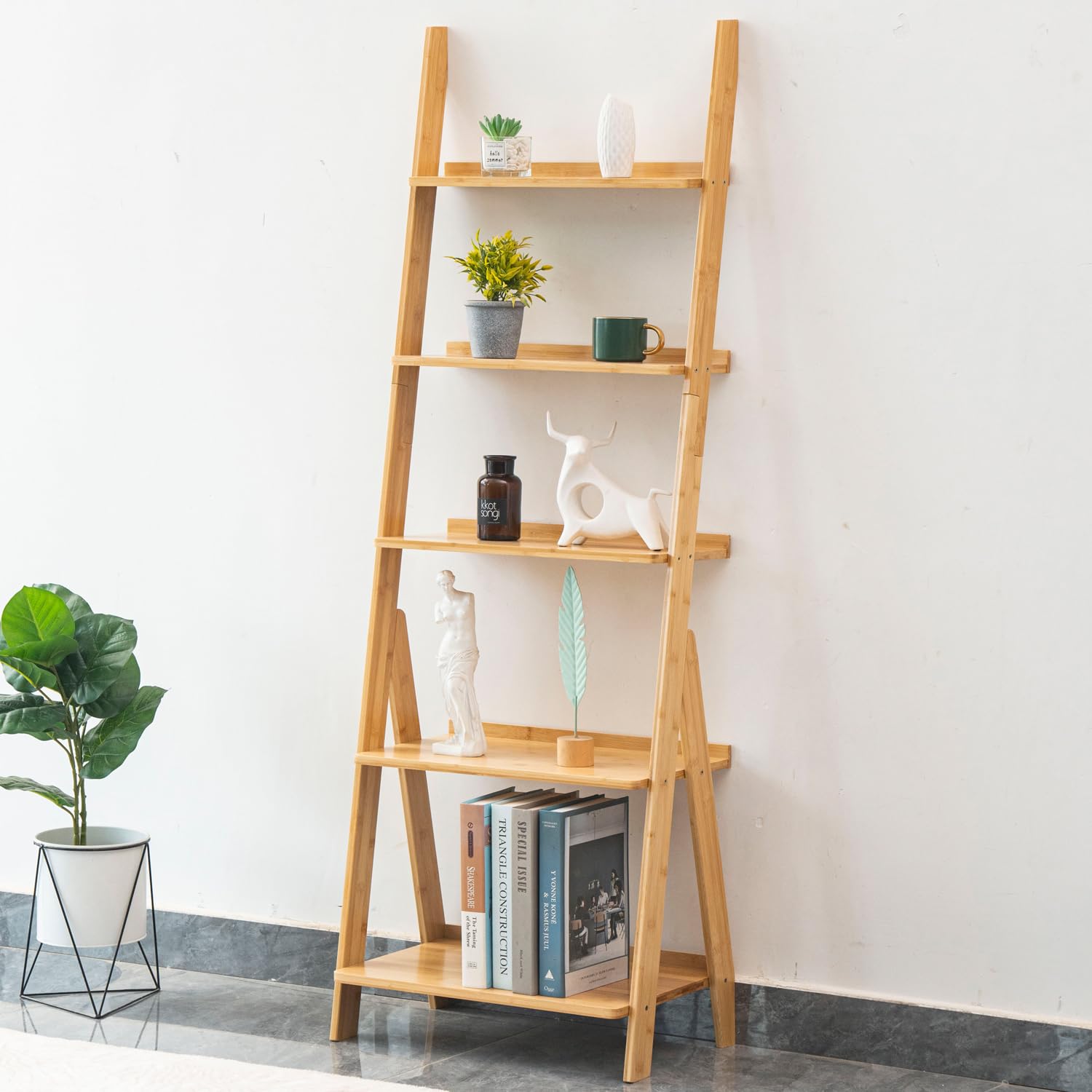 Photo 1 of Maydear Bamboo Ladder Shelf Bookcase, 5-Tier Leaning Bookshelf Free Standing Organizer Storage Shelves for Living Room, Bedroom, Kitchen, Home Office, Balcony, Natural Wood