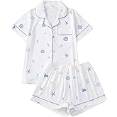 Milumia Women's 2 Piece Pajama Sets Shell Print Button Down Shirt and Shorts Cute Lounge Pj Set